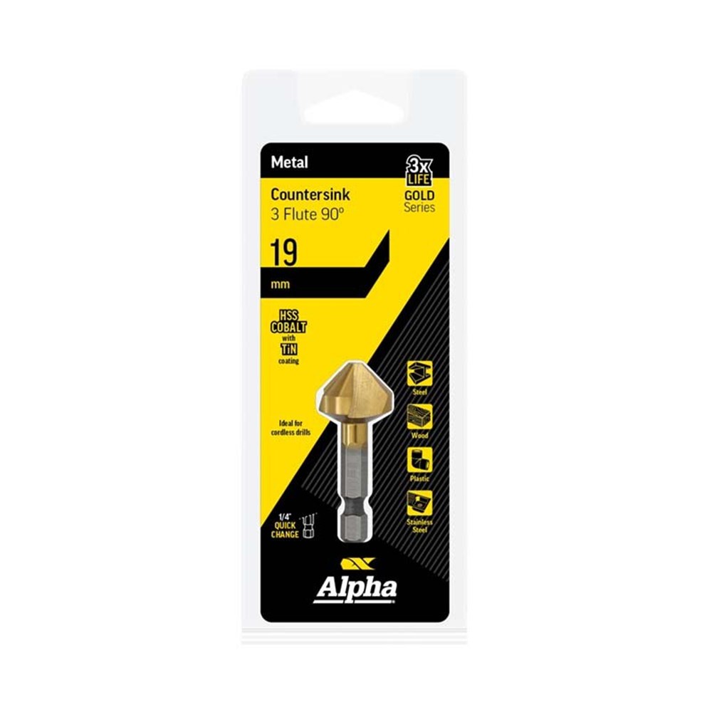 ALPHA CSK BIT TRIPLE FLUTE BRIGHT 19MM (1/4 HEX SHANK)